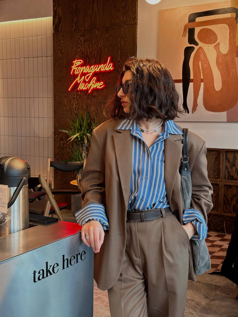 Жакет свободного кроя однобортный, кофейный