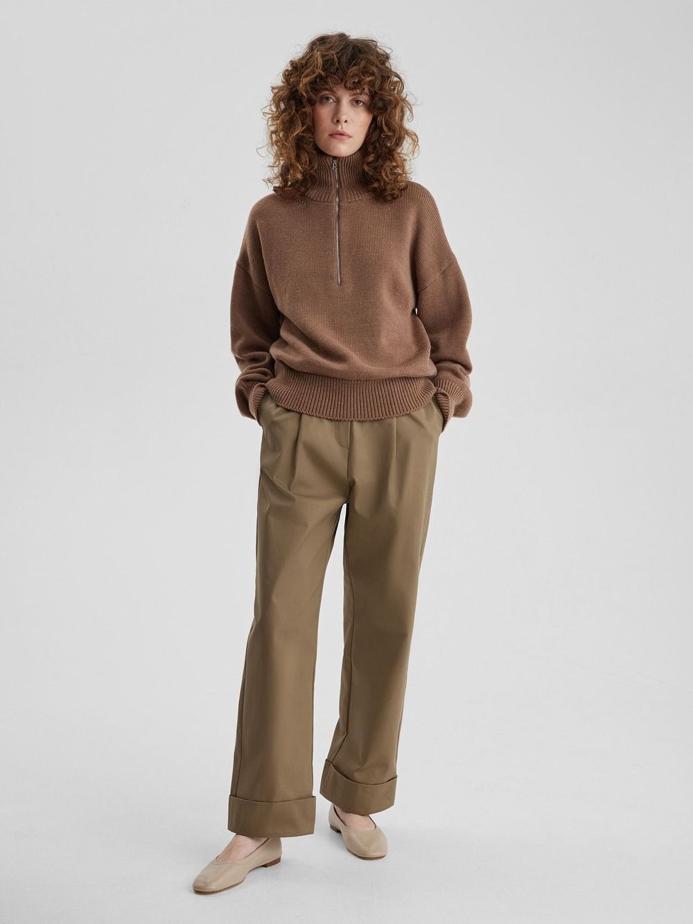 Свитер свободного кроя с замком, кофейный