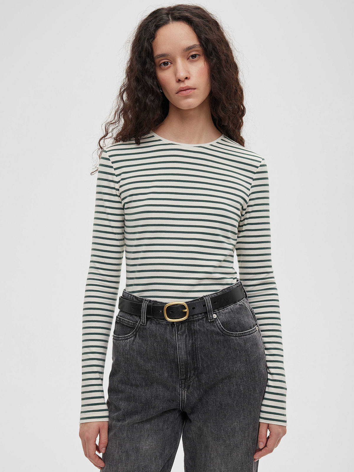 Лонгслив в полоску 0176, молочный-хаки