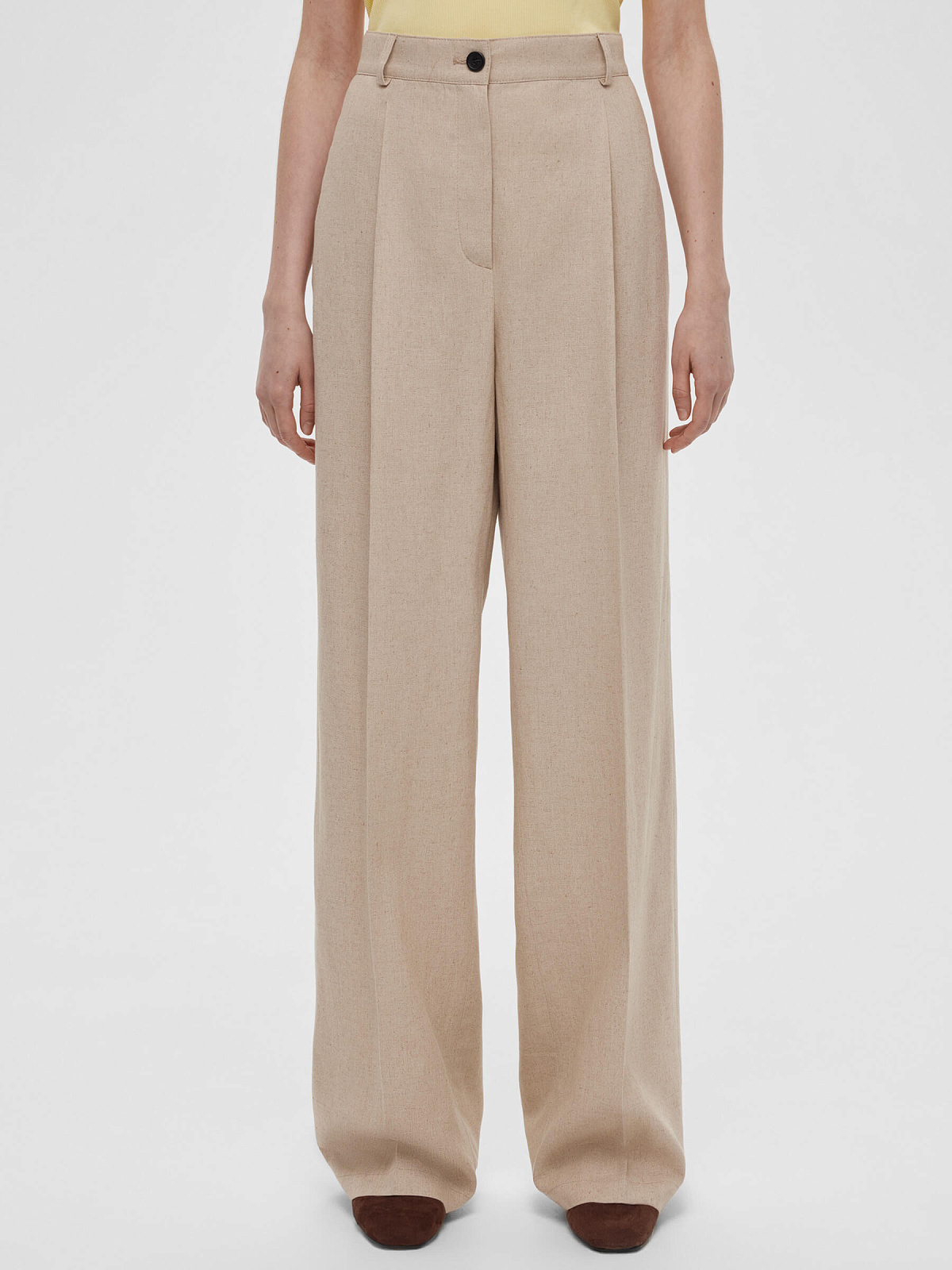Брюки свободного кроя с защипами из льна 0195, бежевый