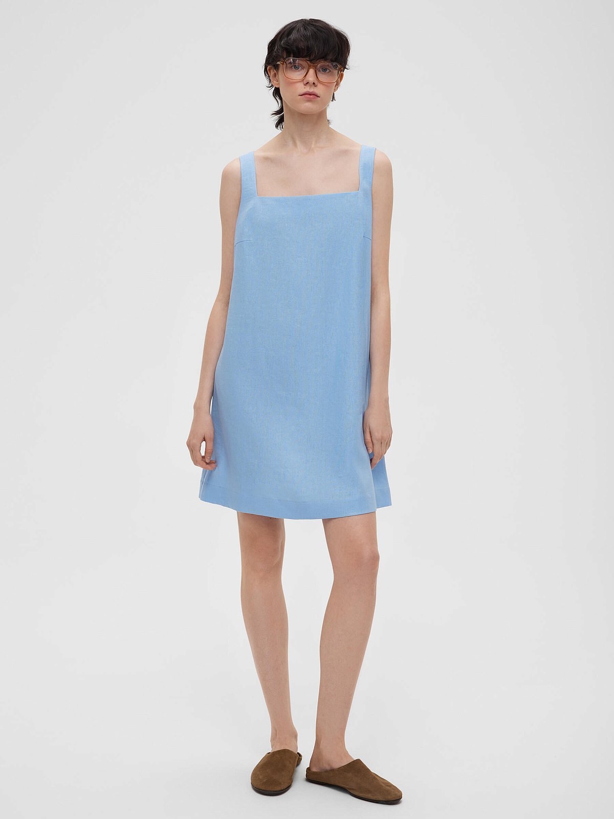 Платье мини из льняной ткани 0191, голубой