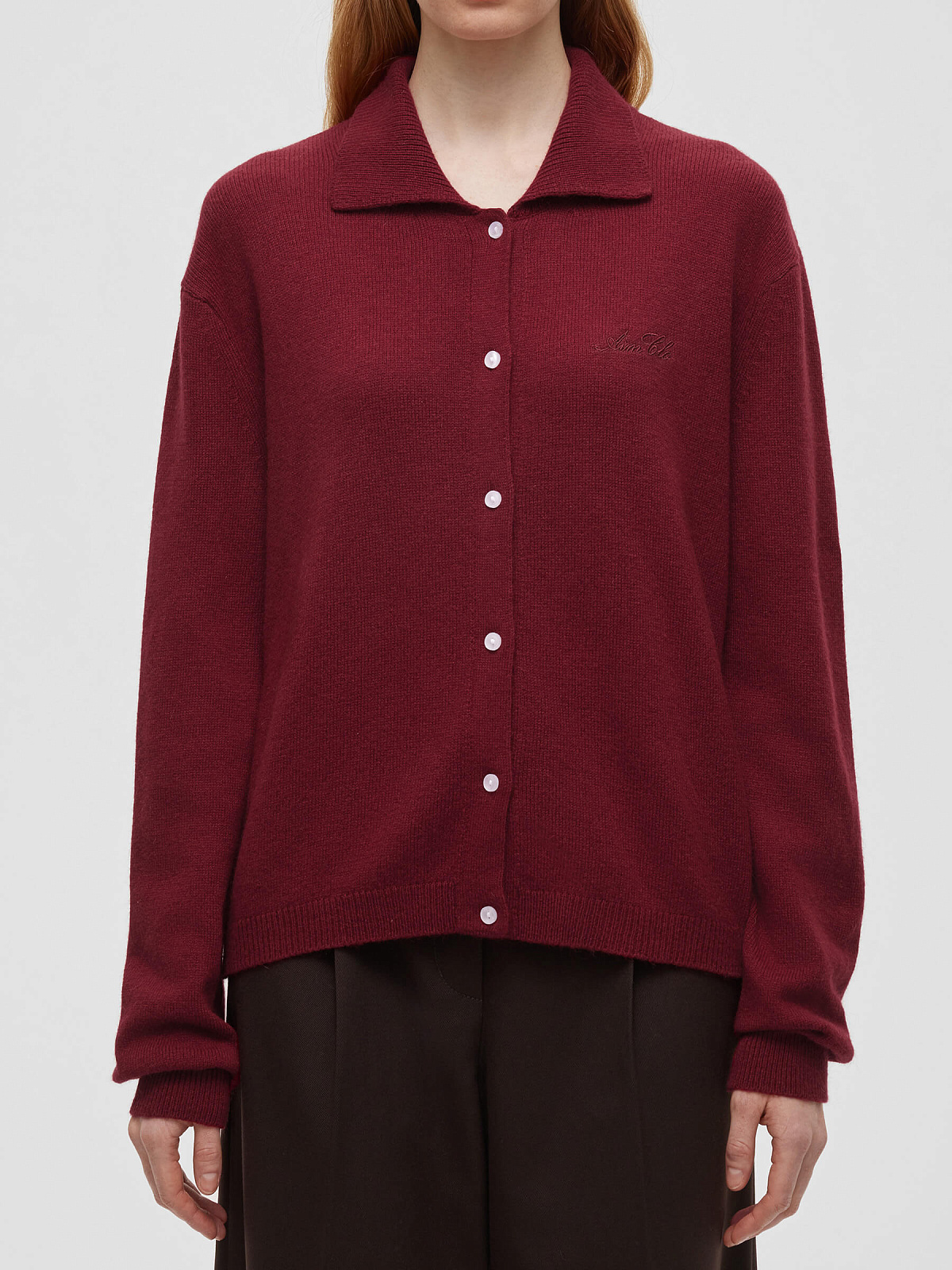 Кардиган с воротником с ангорой с вышивкой, бордовый