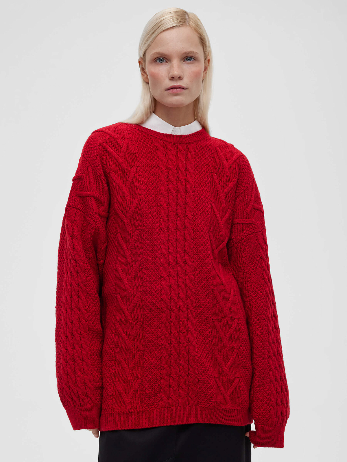 Джемпер удлиненный с косами, бордовый