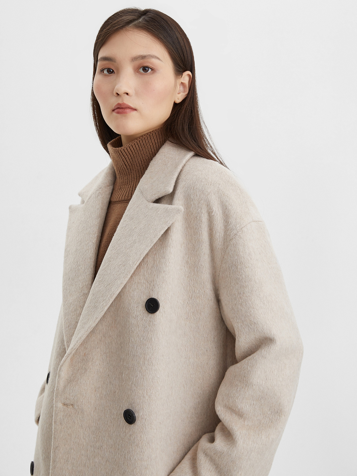 Пальто А-силуэта двубортное удлинённое, бежевый