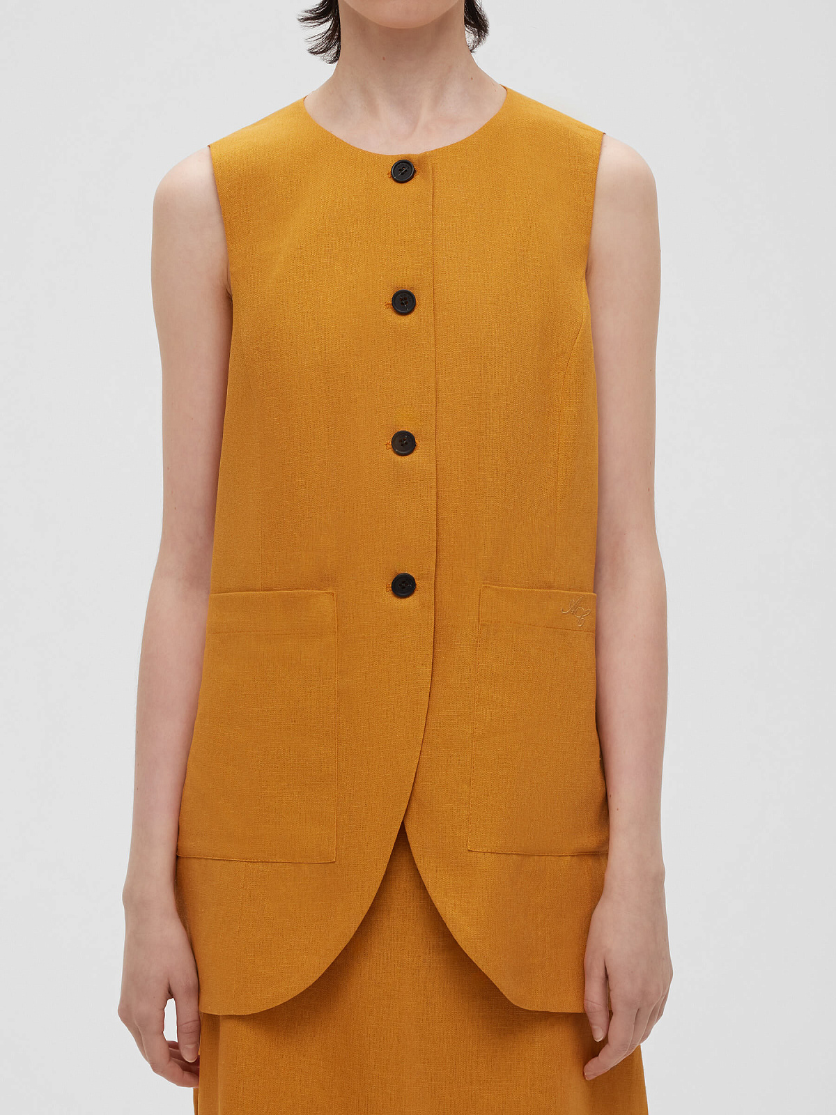 Жилет на пуговицах с карманами из льняной ткани 0188, оранжевый