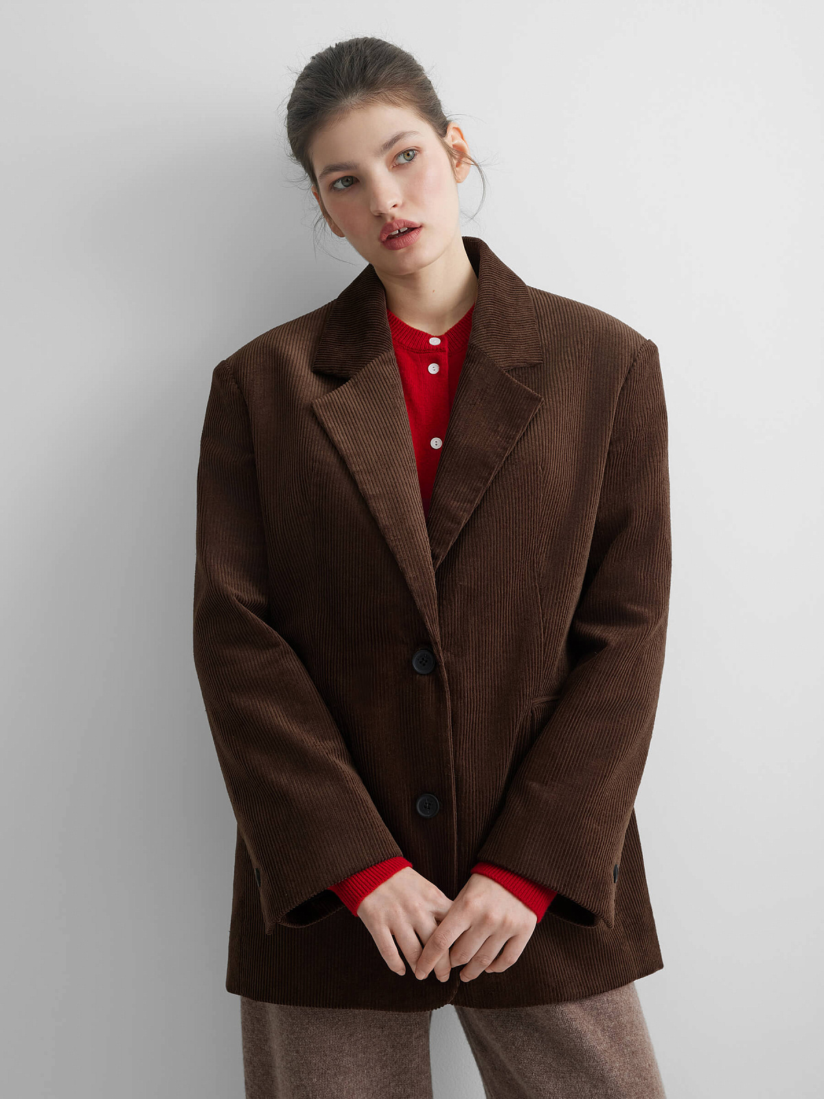 Жакет однобортный из вельвета 0211, коричневый