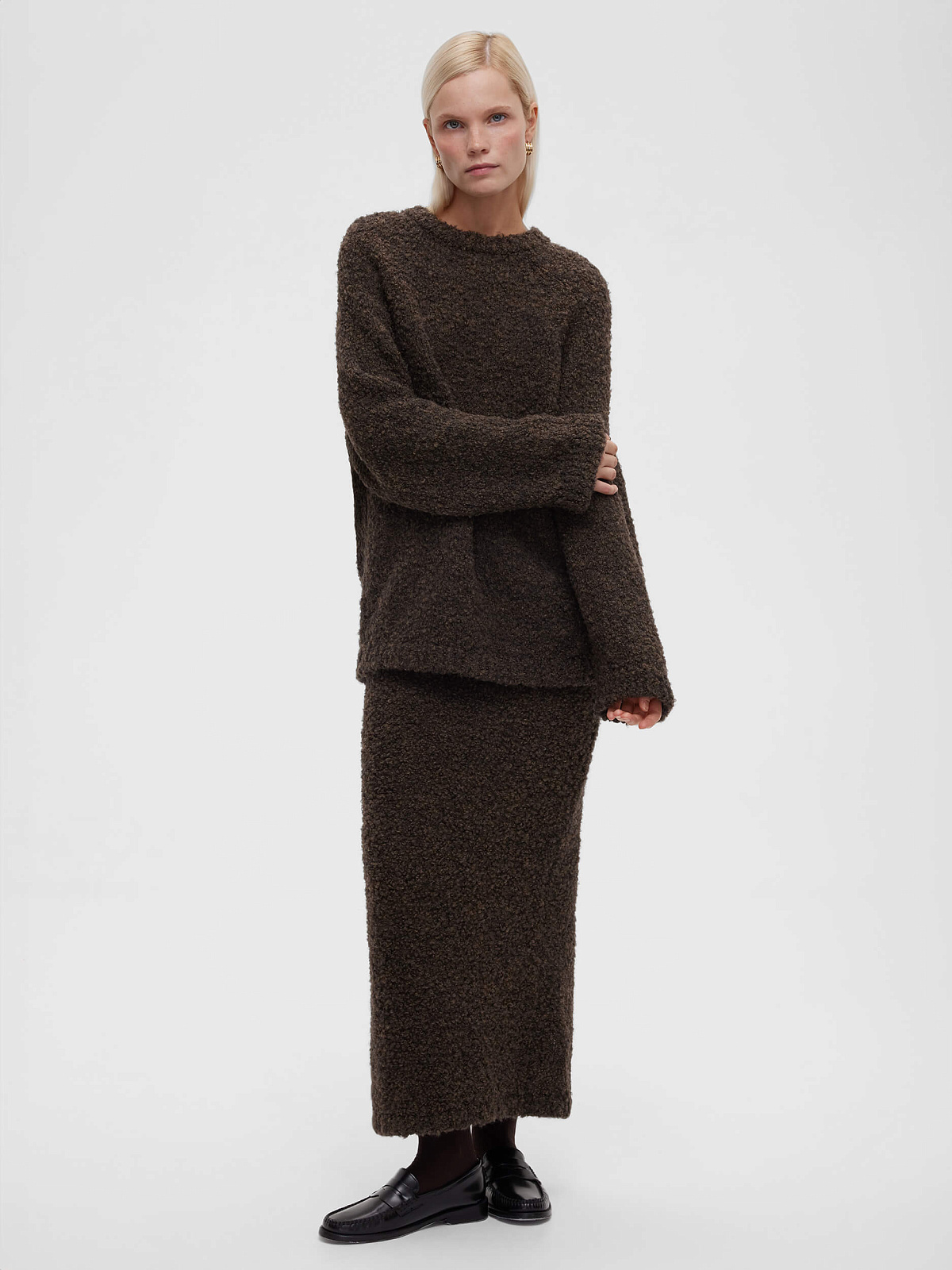 Джемпер удлиненный букле из альпаки и шерсти, коричневый