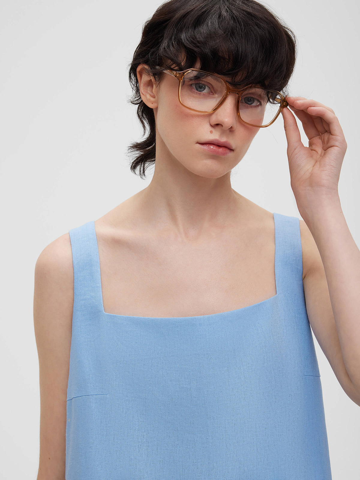 Платье мини из льняной ткани 0191, голубой