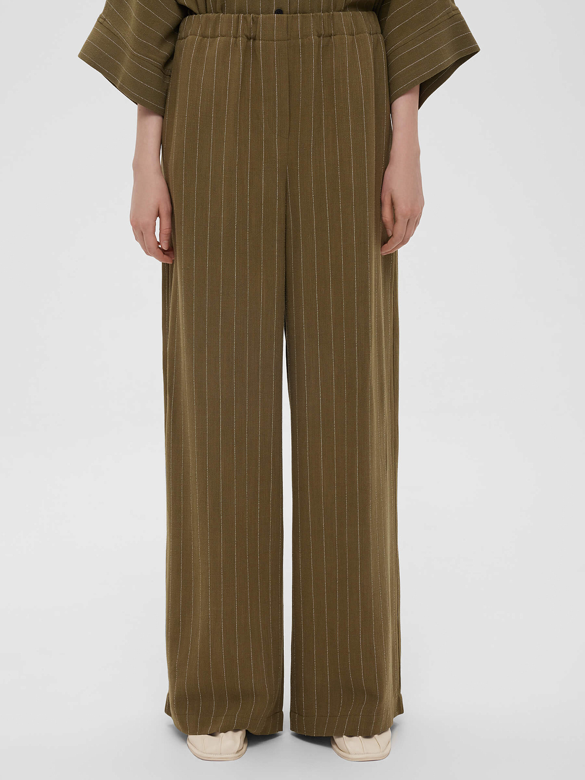 Брюки льняные на резинке в полоску 0177, хаки