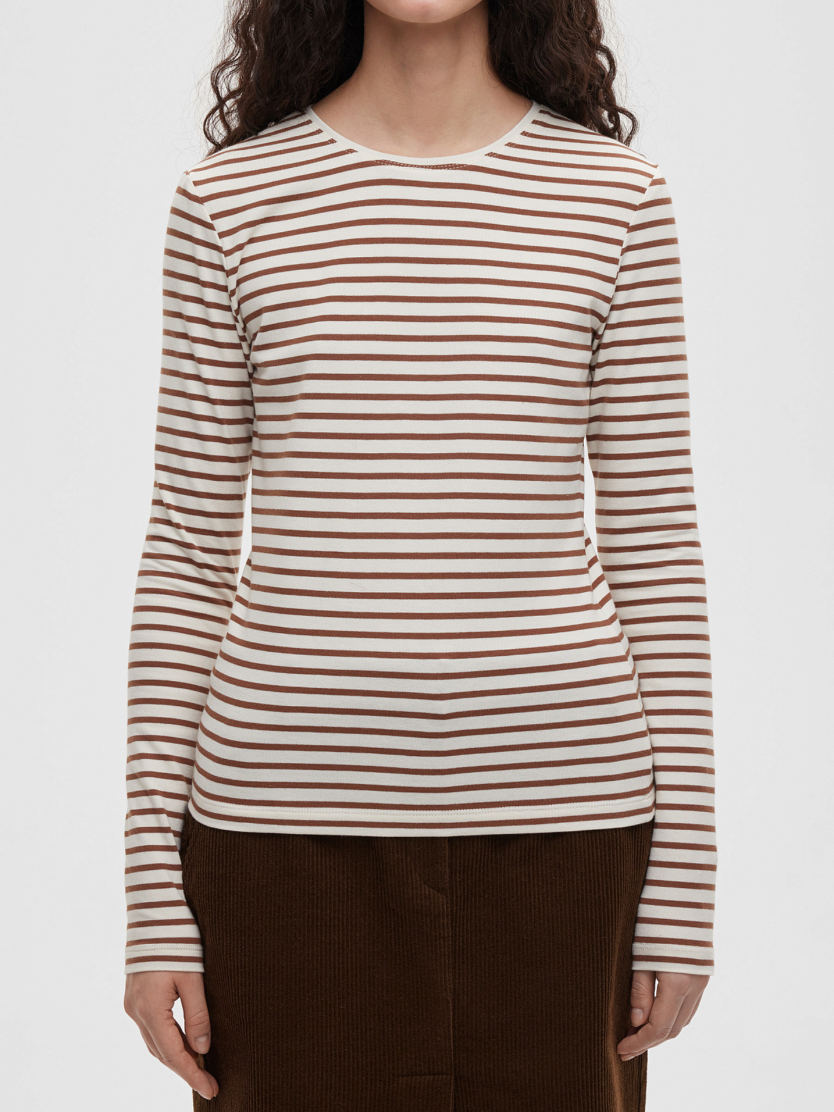 Лонгслив в полоску 0176, молочно-коричневый