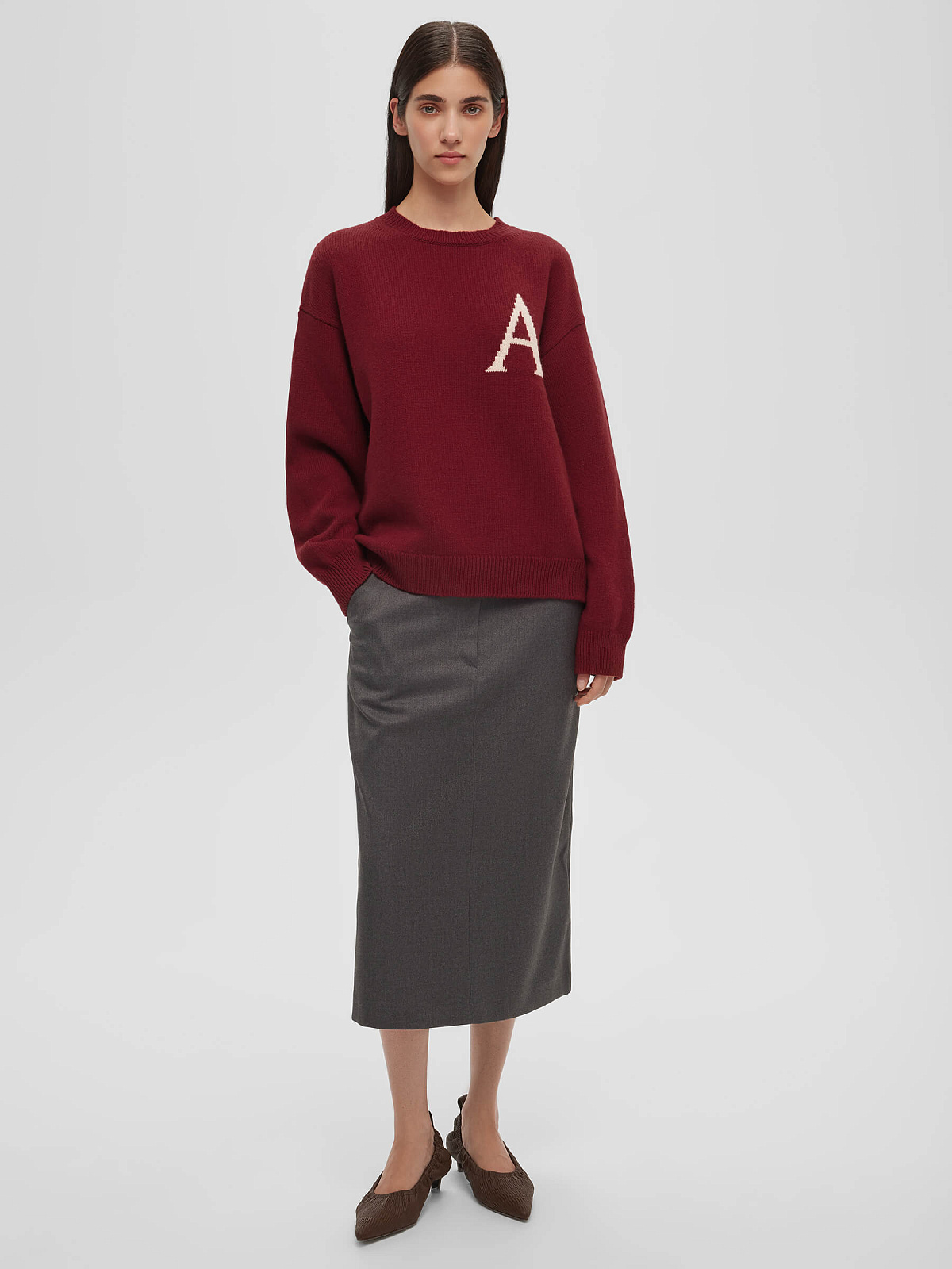 Джемпер свободного кроя с интарсией "А", красный