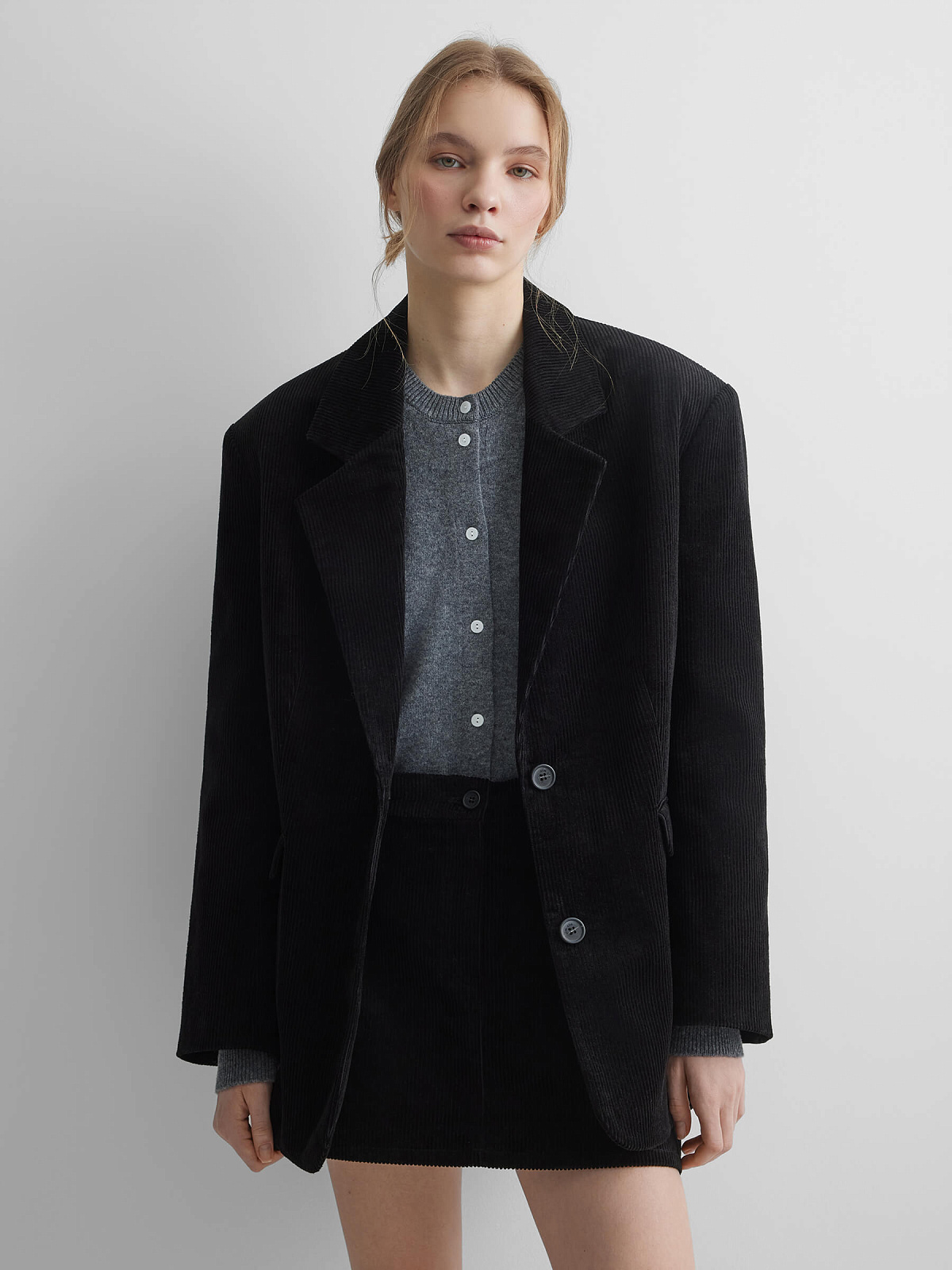 Жакет однобортный из вельвета 0211, черный