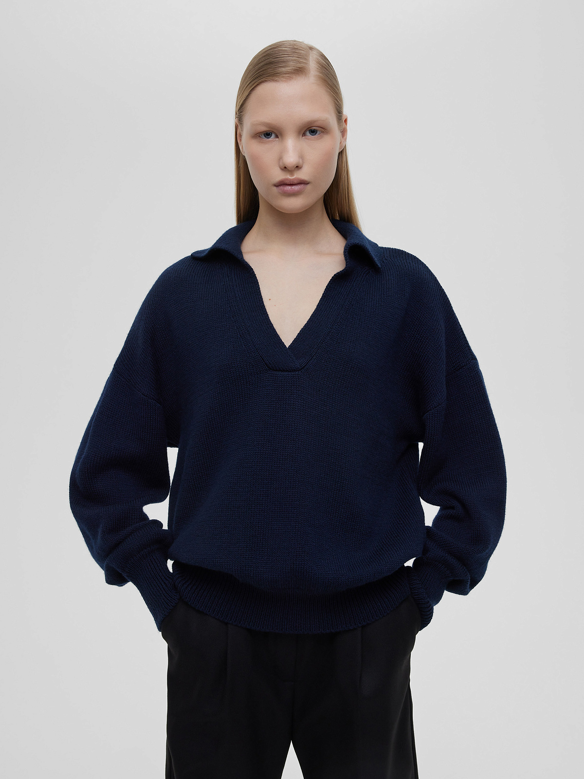 Джемпер-поло свободного кроя, темно-синий