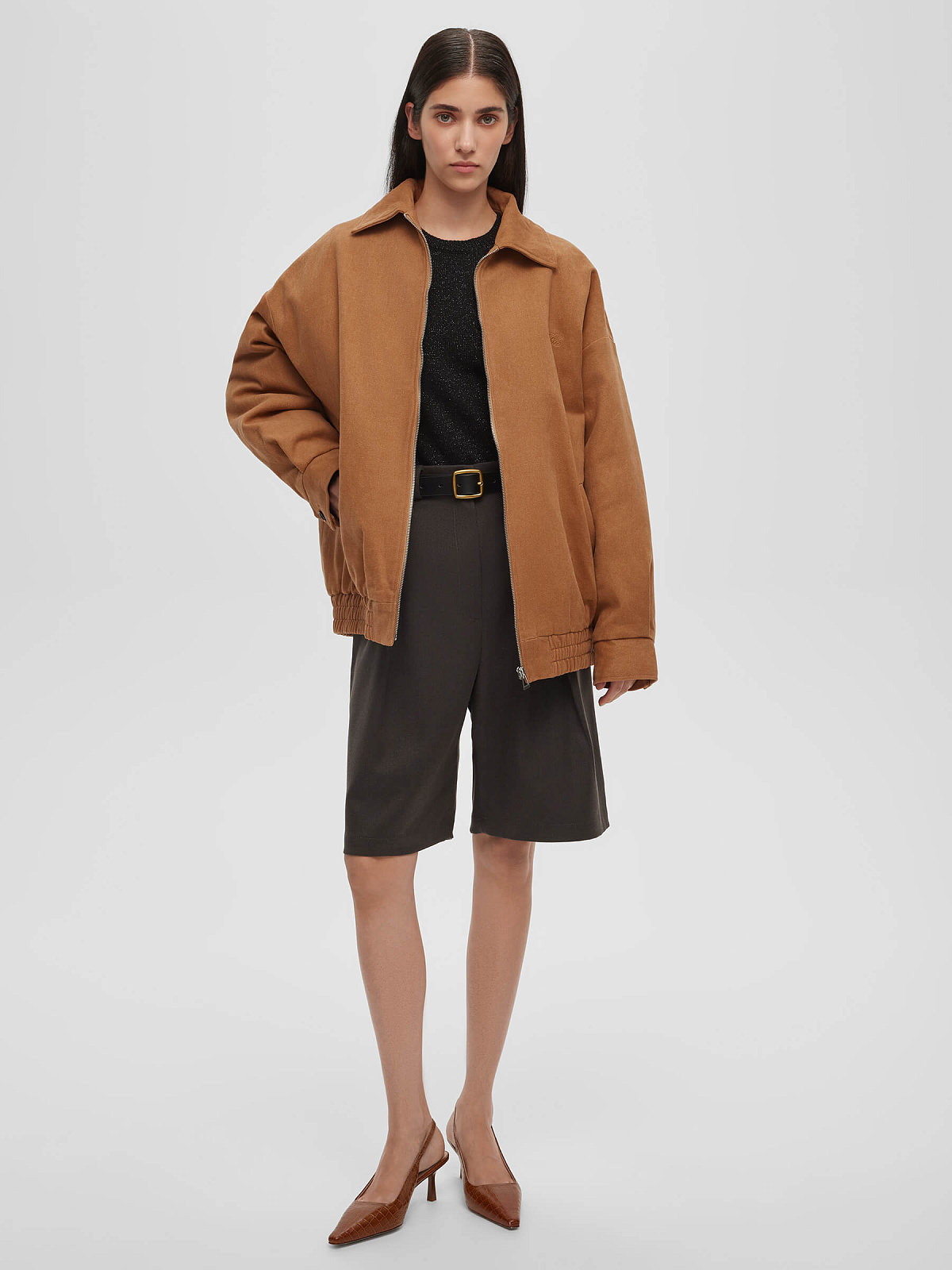 Бомбер утепленный из денима с вышивкой 0207, терракотовый