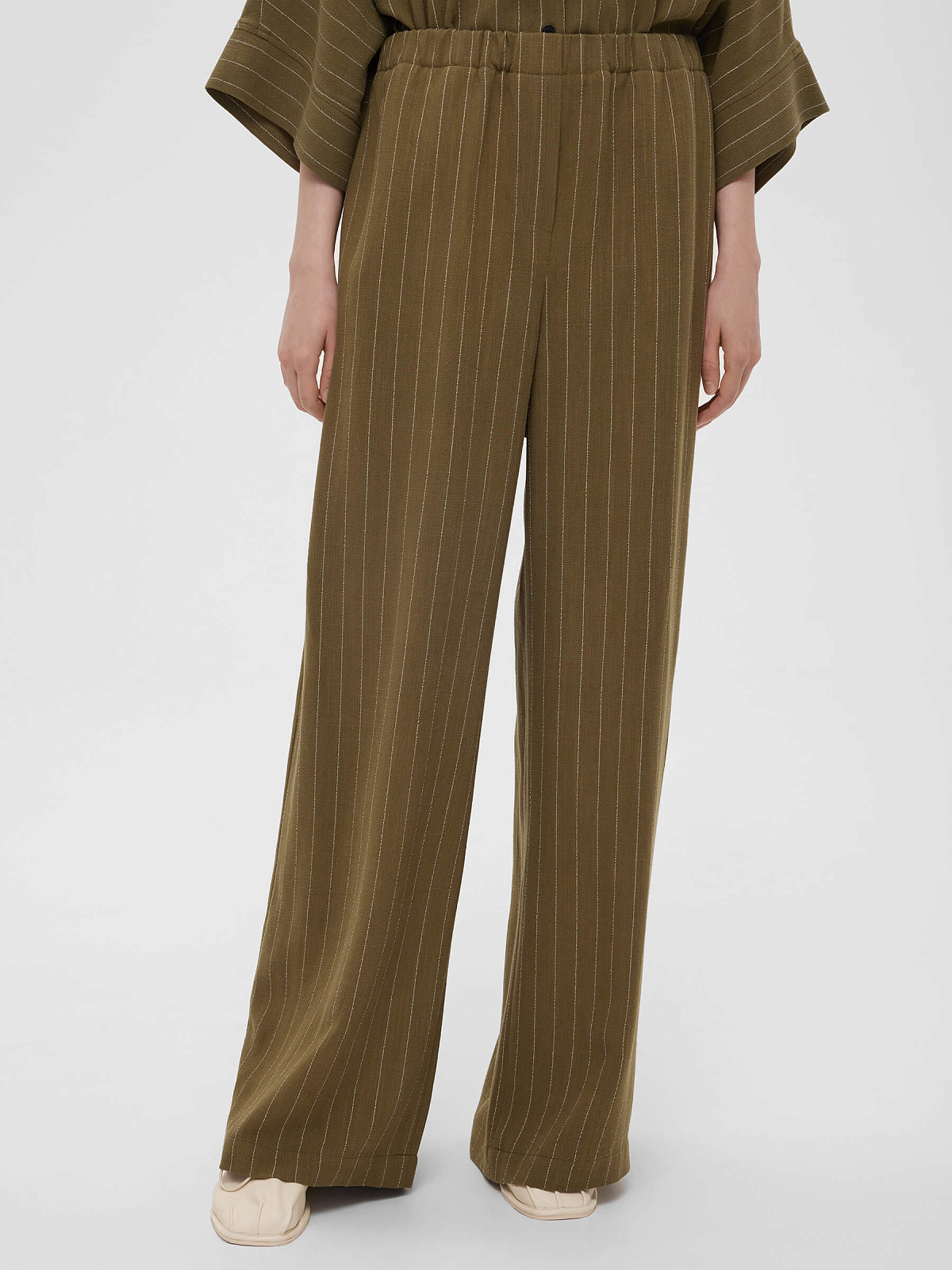 Брюки льняные на резинке в полоску 0177, хаки