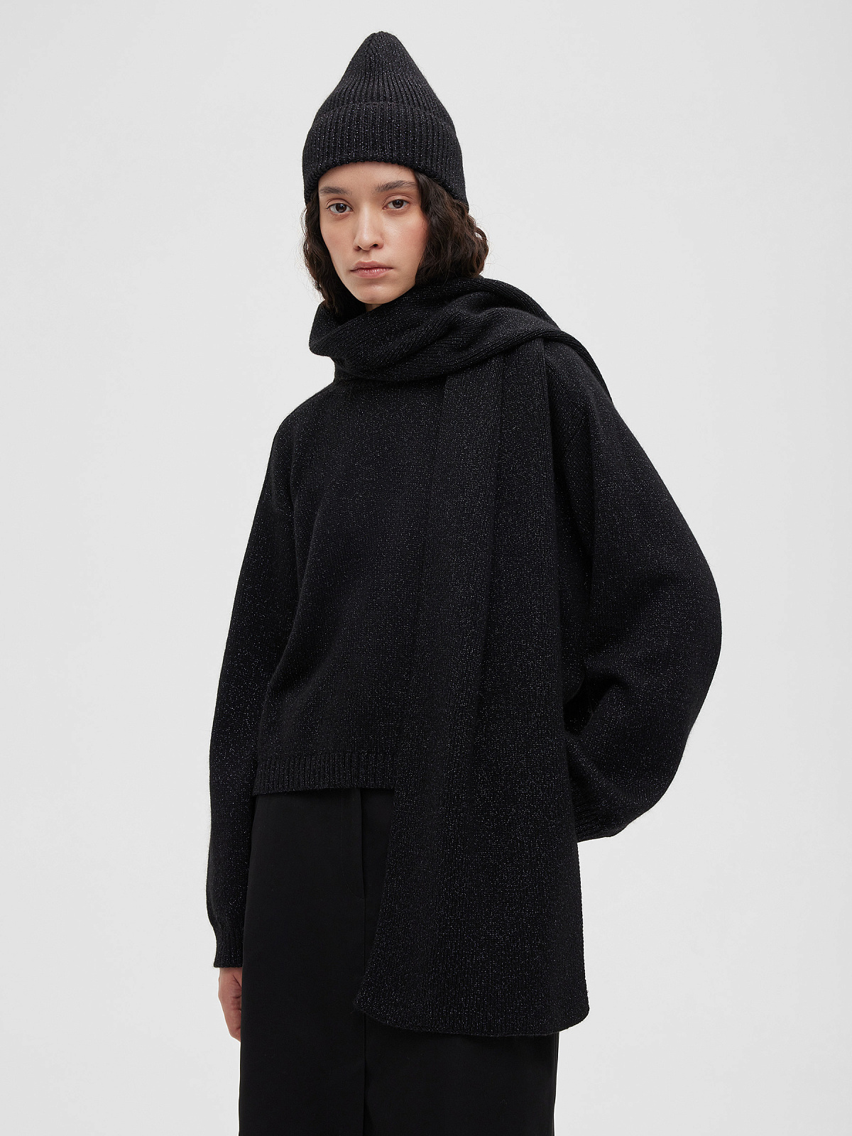 Шарф гладкой вязки с ангорой с люрексом, черный