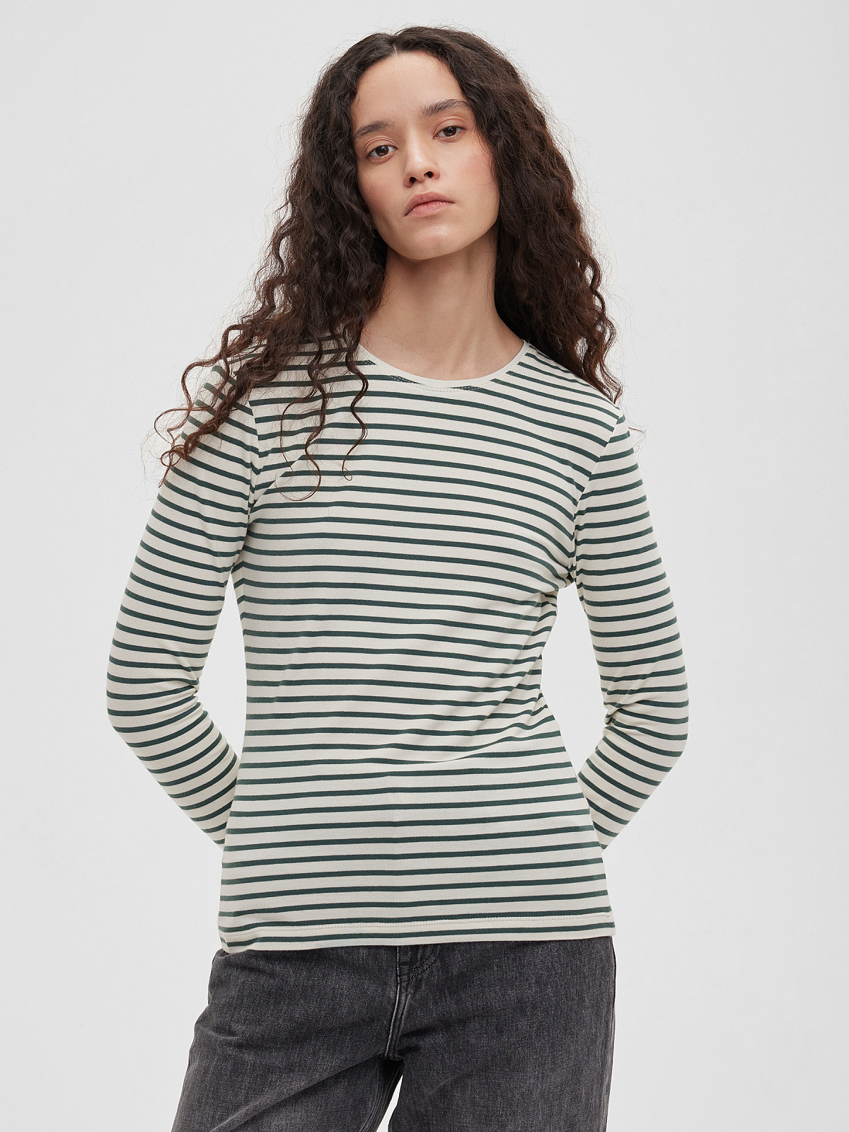 Лонгслив в полоску 0176, молочный-хаки