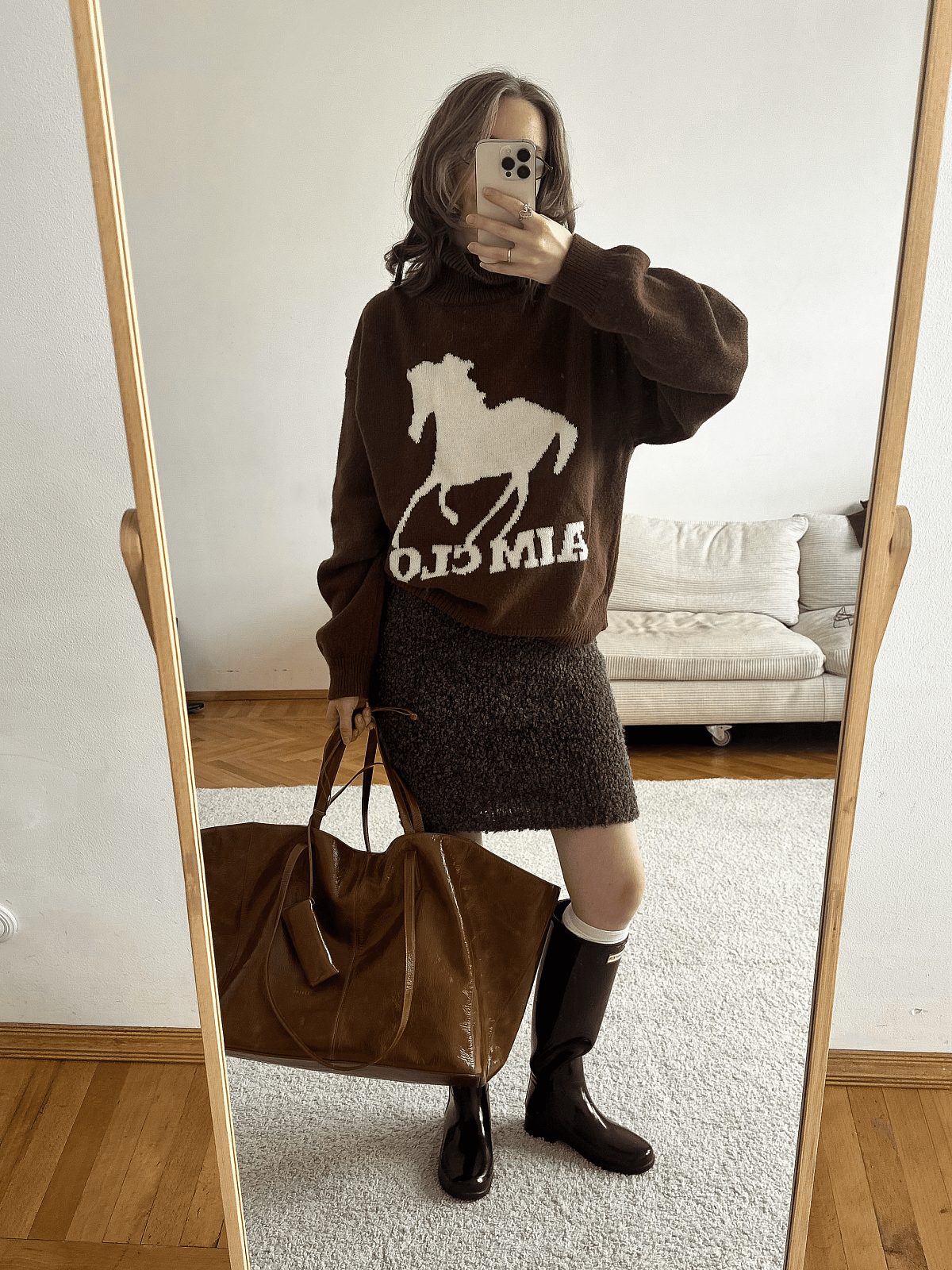 Юбка-мини букле из альпаки и шерсти, коричневый