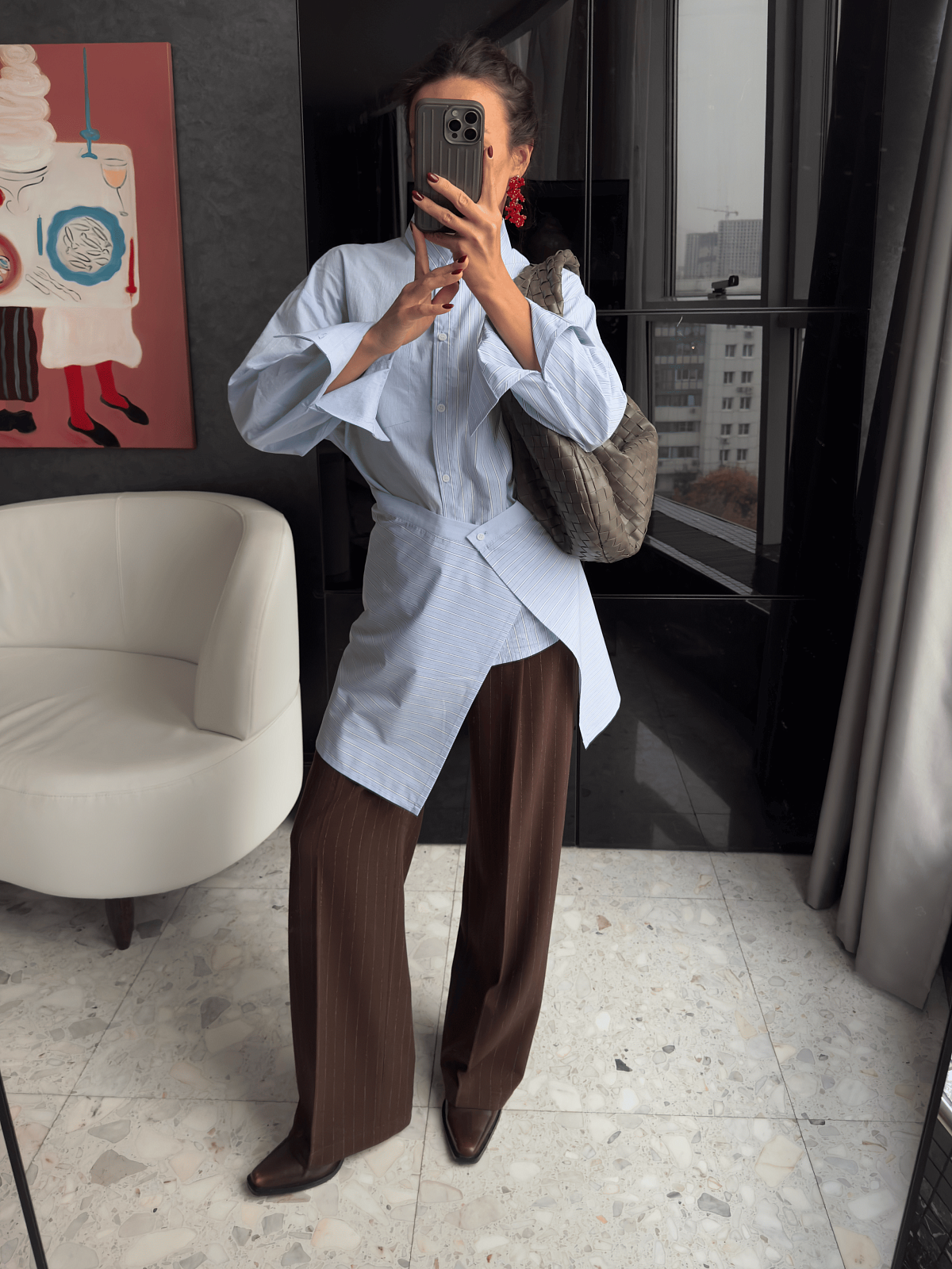 Рубашка колор-блок с баской 0213, светло-голубой