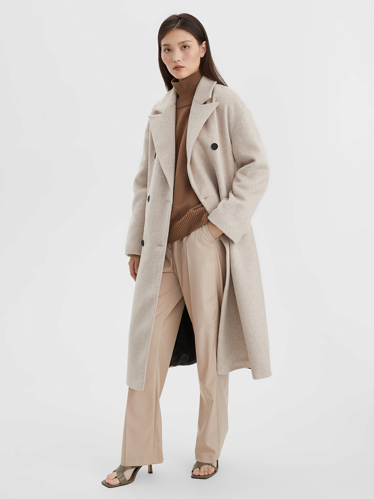 Пальто А-силуэта двубортное удлинённое, бежевый
