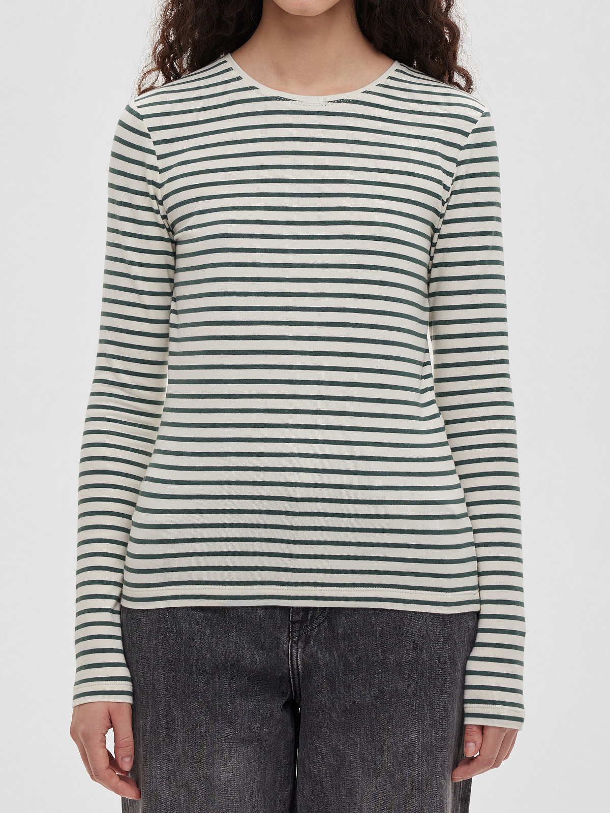 Лонгслив в полоску 0176, молочный-хаки