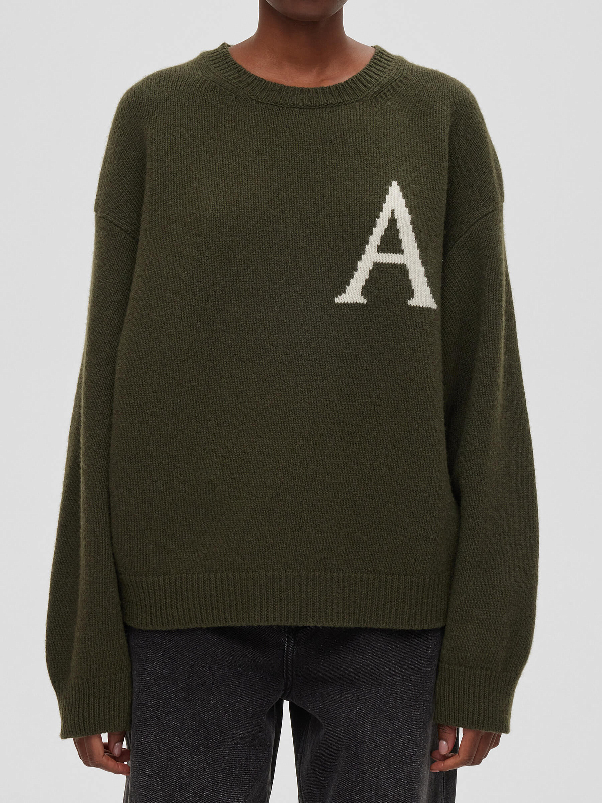 Джемпер свободного кроя с интарсией "А", зелено-молочный