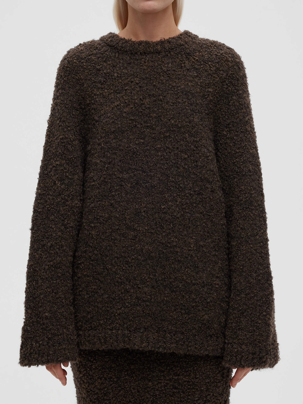 Джемпер удлиненный букле из альпаки и шерсти, коричневый