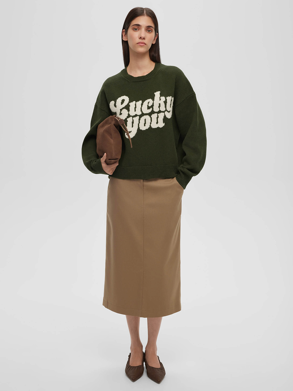 Джемпер с интарсией Lucky you, зелено-молочный