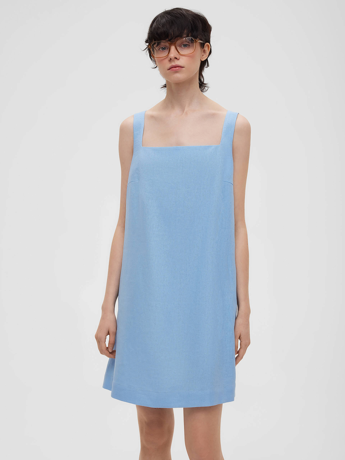 Платье мини из льняной ткани 0191, голубой