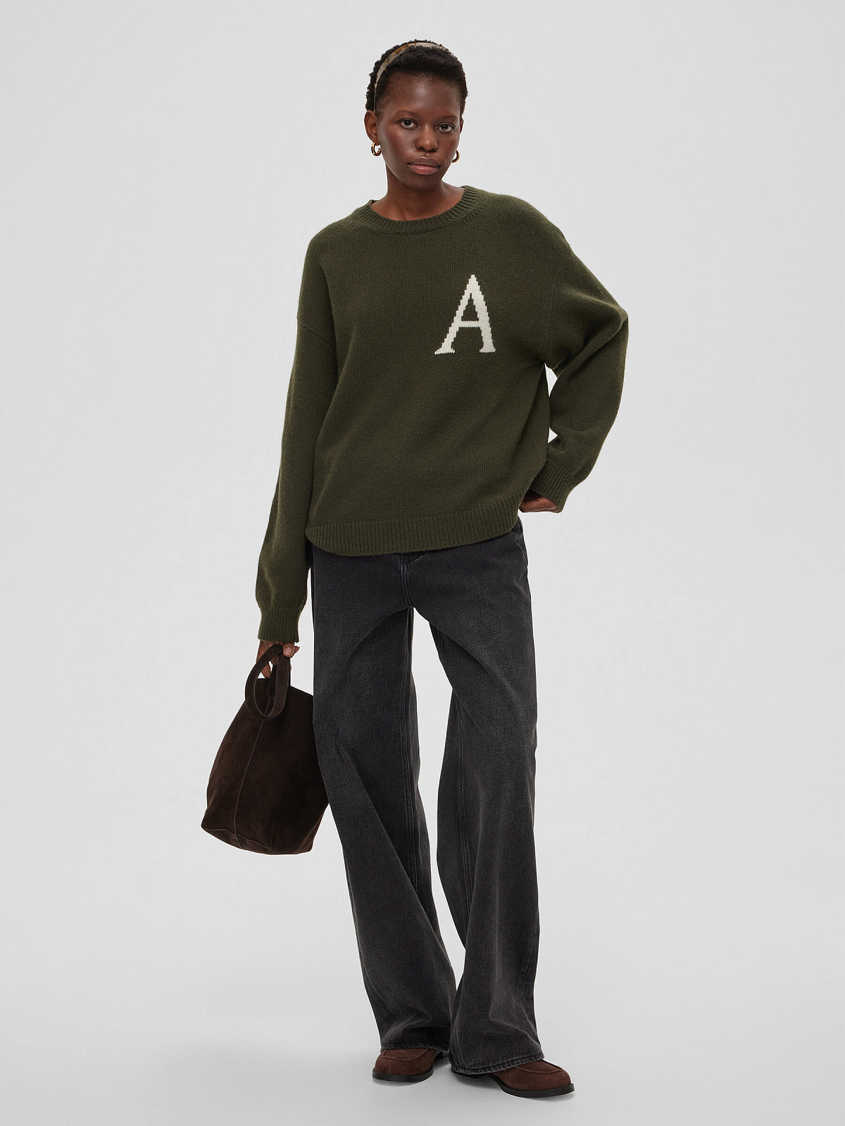 Джемпер свободного кроя с интарсией "А", зелено-молочный