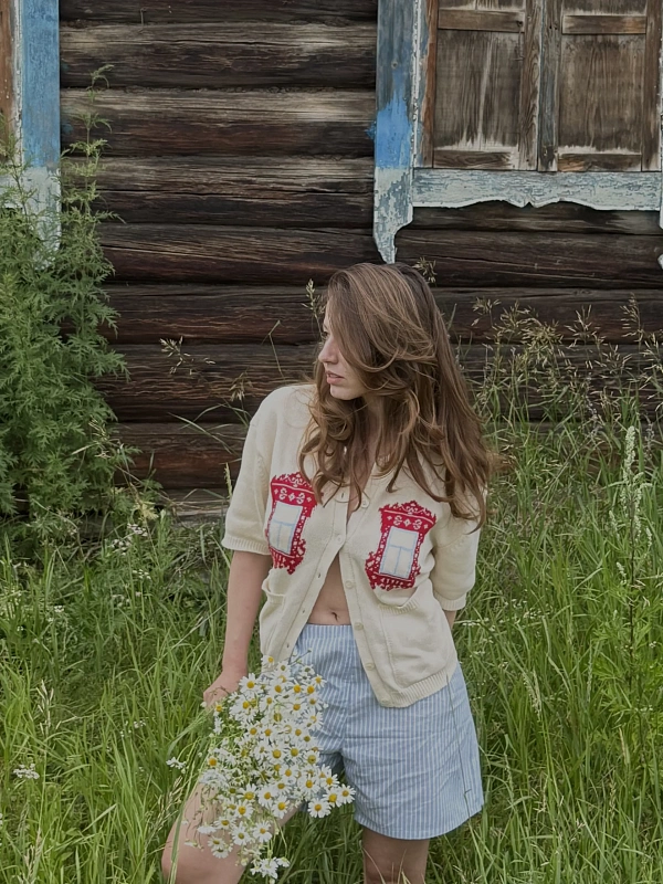 Кардиган с интарсией Окна, молочный, фото 1