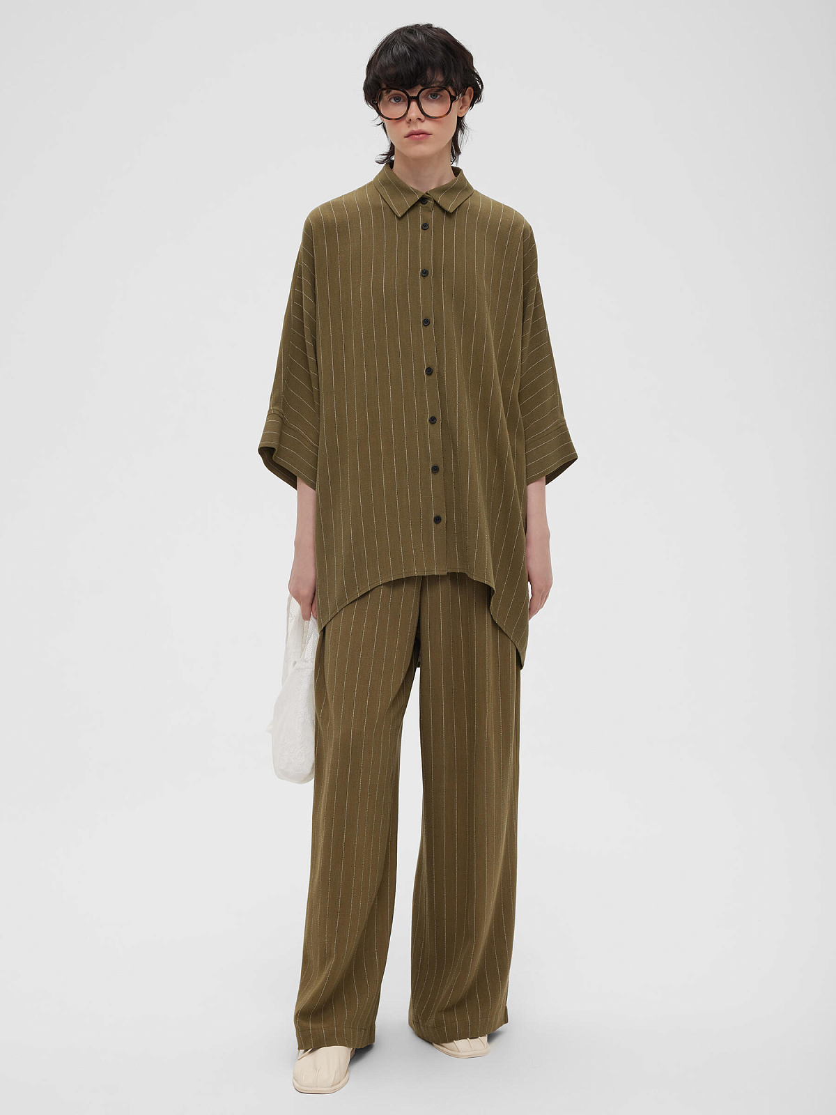 Брюки льняные на резинке в полоску 0177, хаки