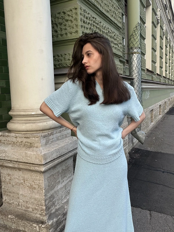 Поло с коротким рукавом из хлопка букле, светло-голубой, фото 1