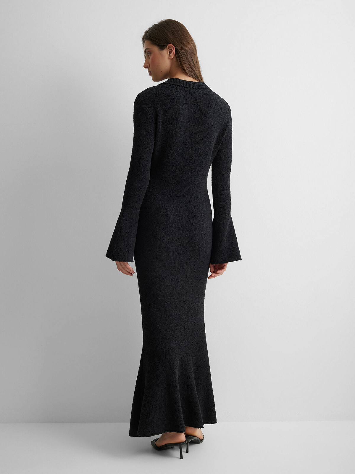 Платье поло с длинным рукавом из хлопка букле, черный, фото 8