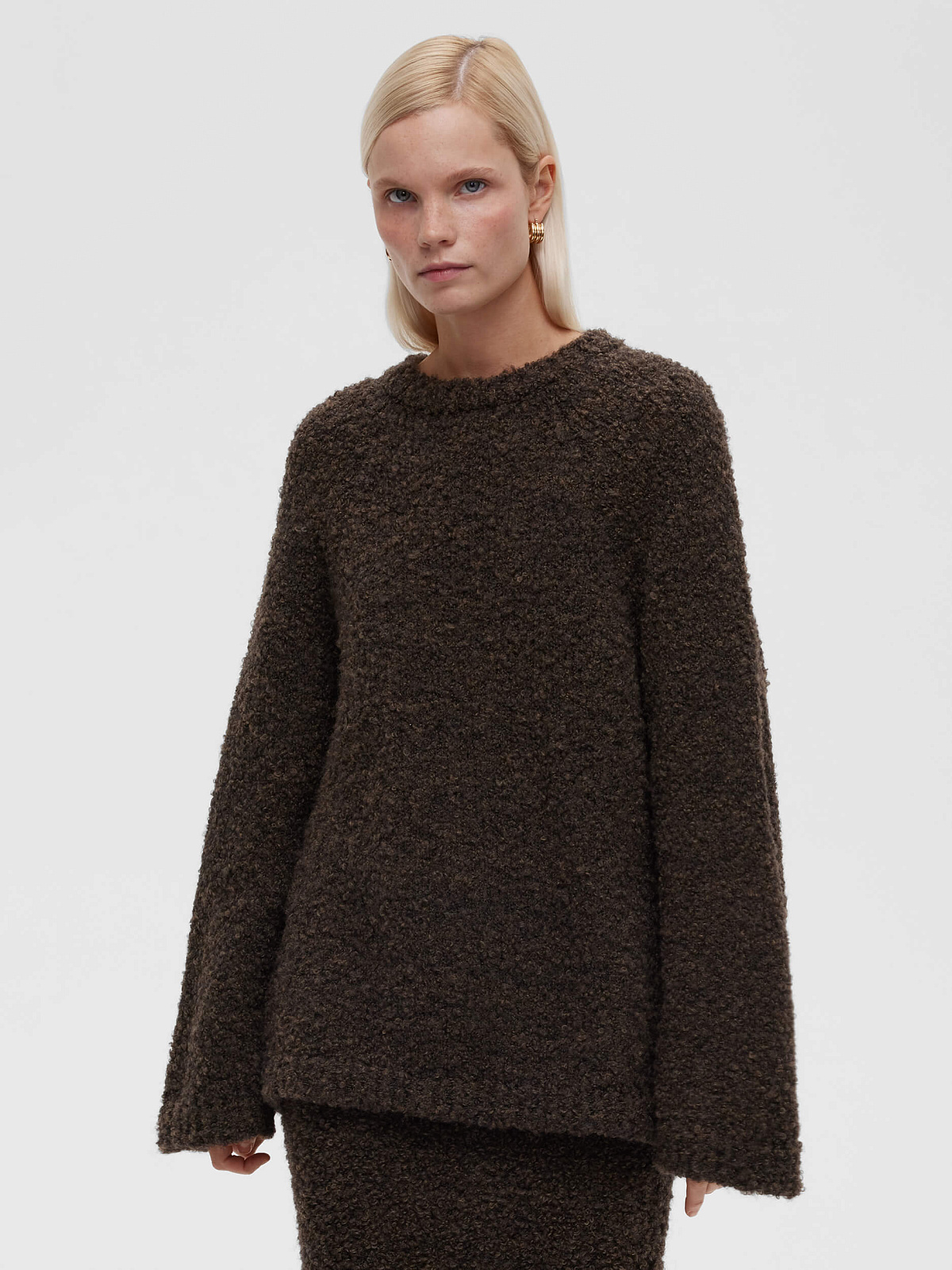 Джемпер удлиненный букле из альпаки и шерсти, коричневый