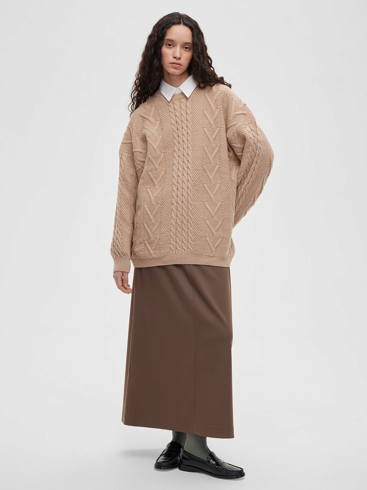 Джемпер удлиненный с косами, бежевый