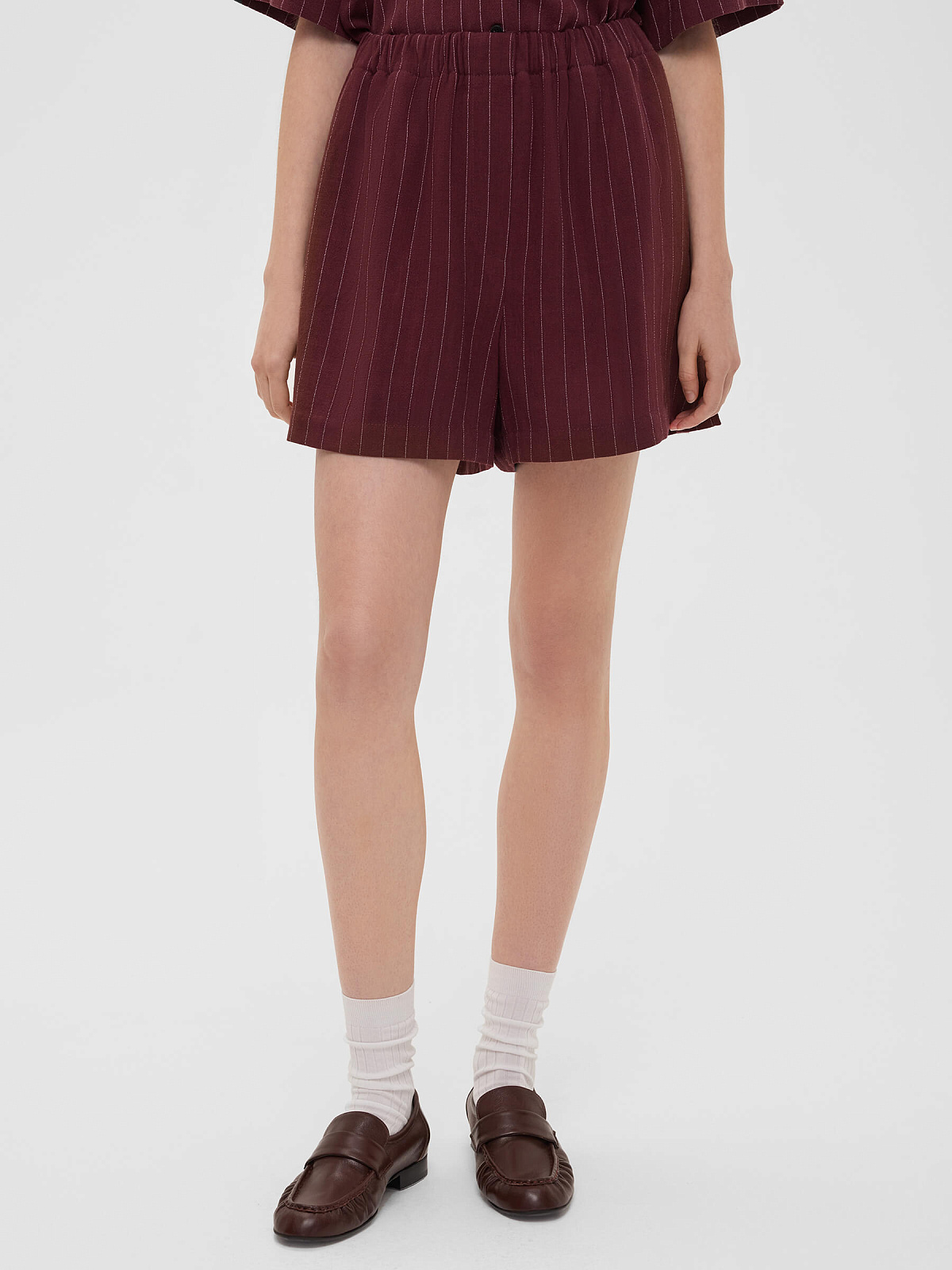 Шорты льняные в полоску 0198, бордовый