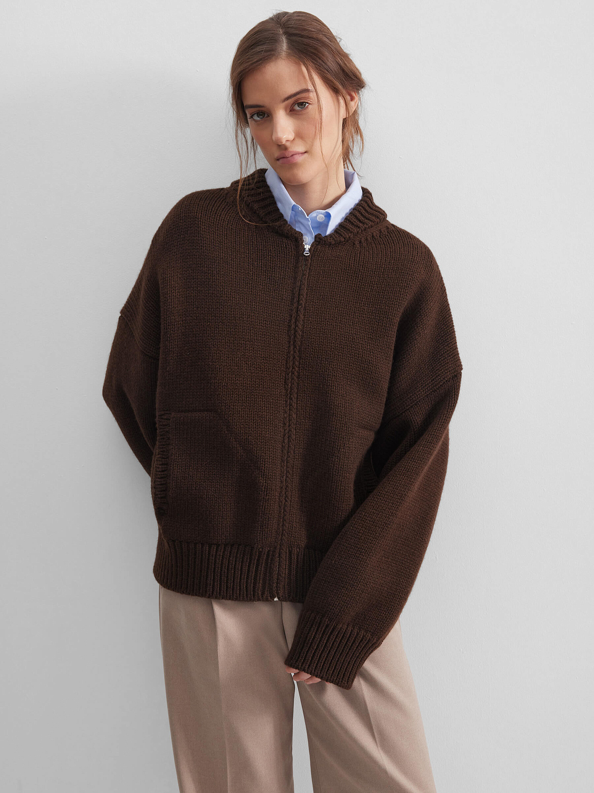 Вязаный бомбер, коричневый