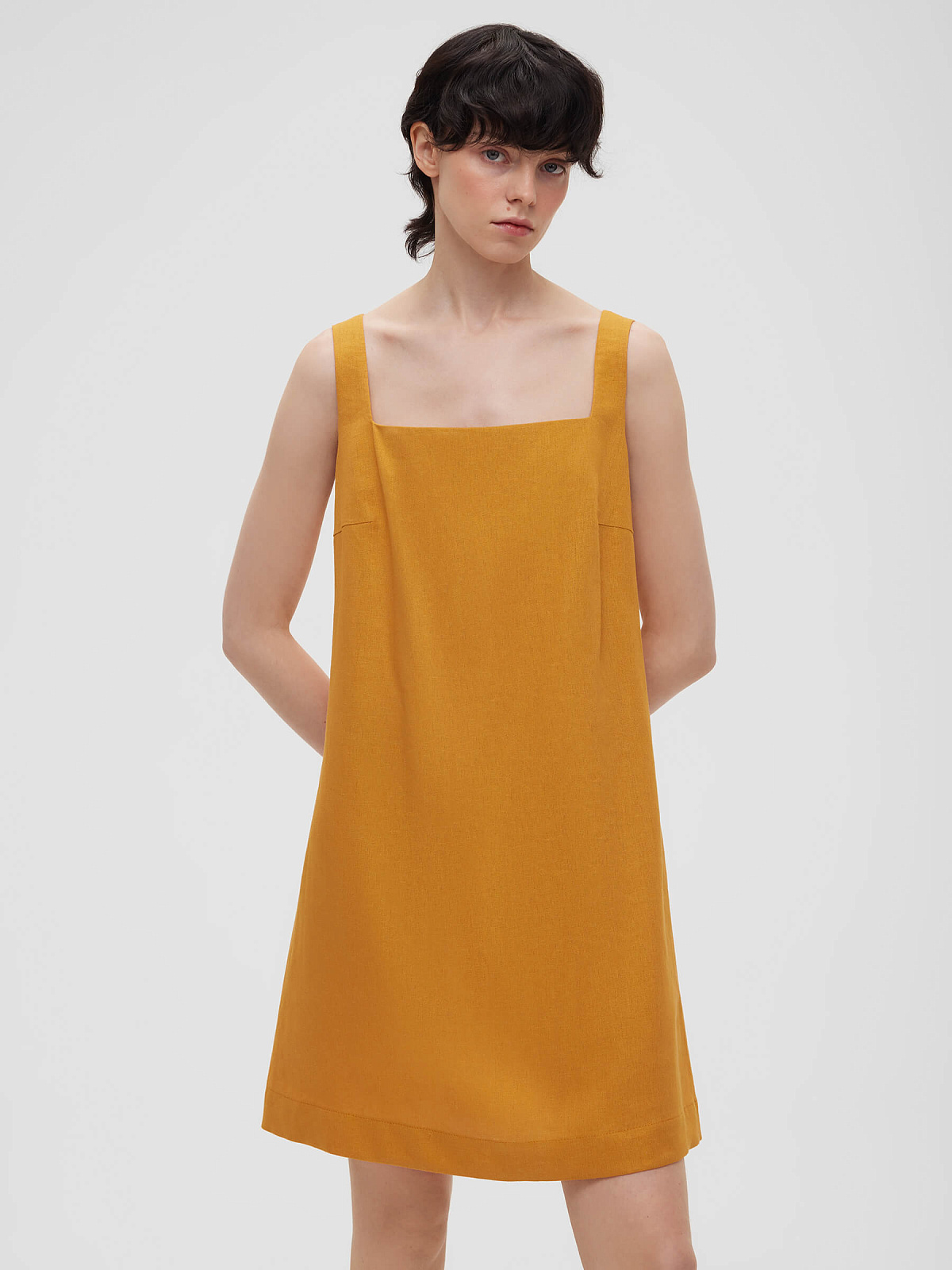 Платье мини из льняной ткани 0191, оранжевый