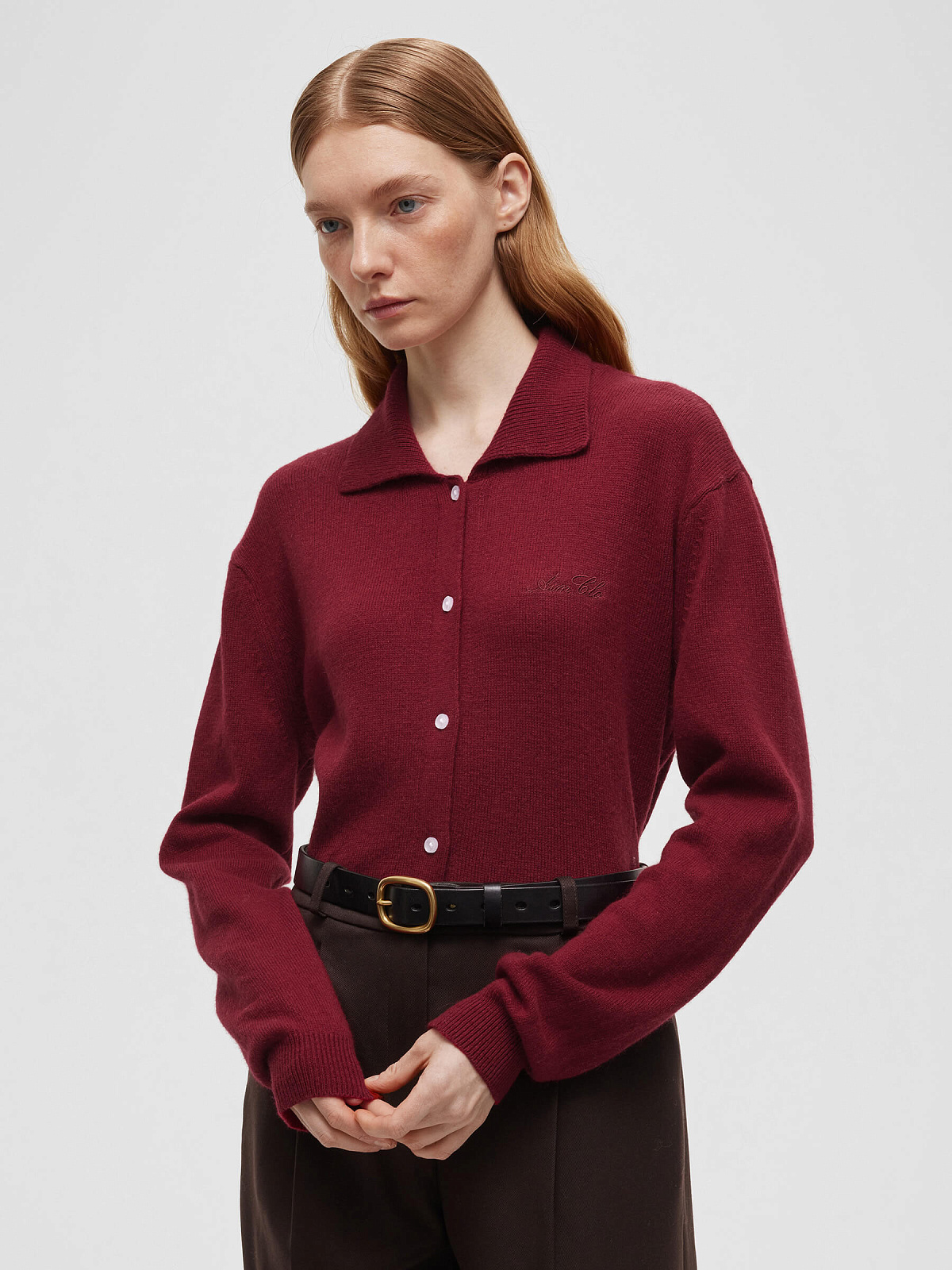 Кардиган с воротником с ангорой с вышивкой, бордовый